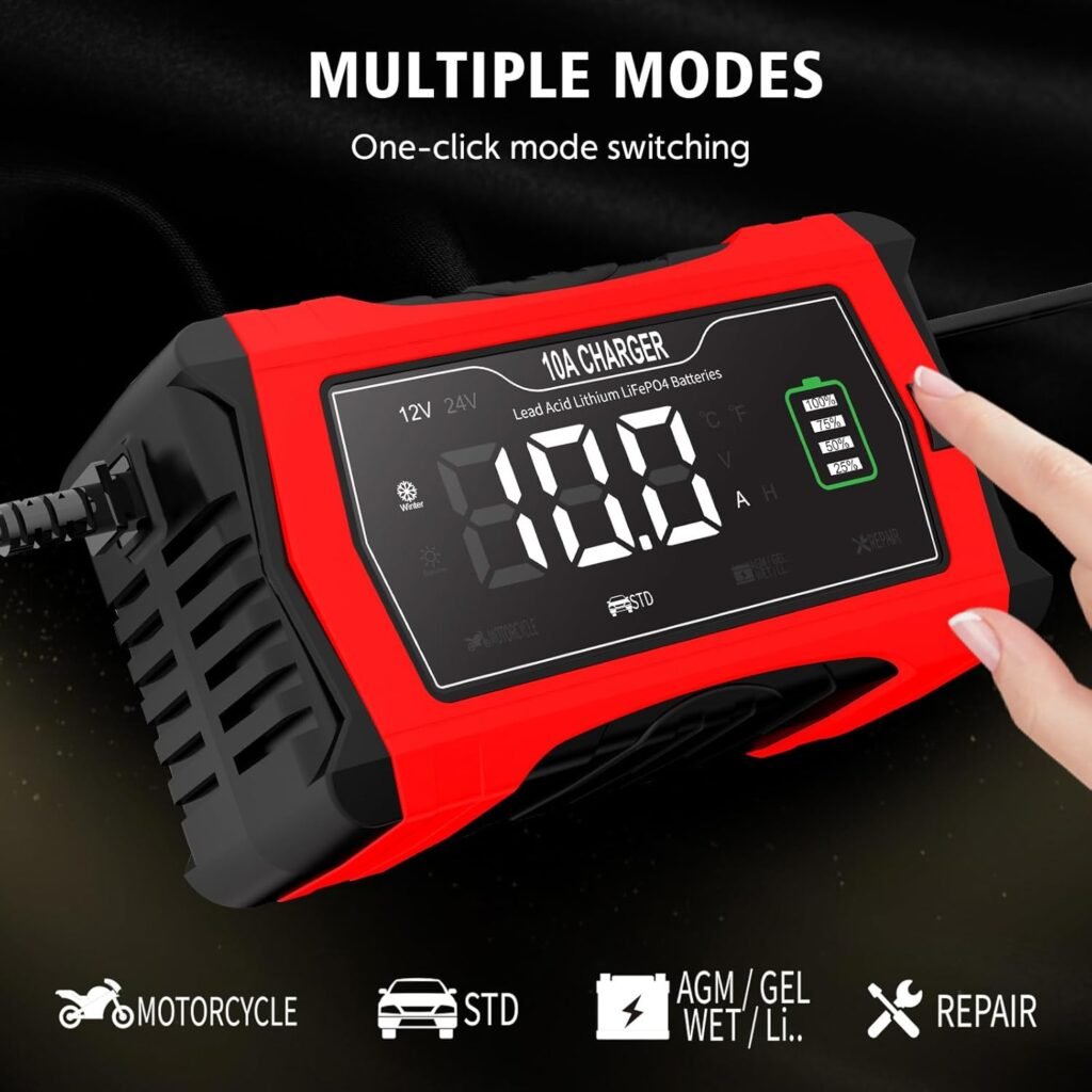10A Lithium Battery Charger 12V 24V LiFePO4 Battery Charger, Trickle Charger for Car Battery Motorcycle Lawn Mower Marine Boat, Battery Maintainer for Lead Acid (AGM/Gel/SLA...) 10A Lithium Battery Charger 12V 24V LiFePO4 Battery Charger, Trickle Charger for Car Battery Motorcycle Lawn Mower Marine Boat, Battery Maintainer for Lead Acid (AGM/Gel/SLA...)