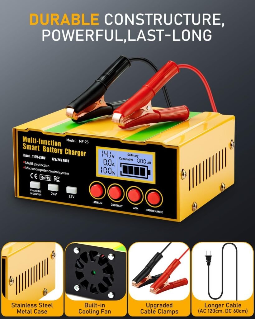 12-Amp Smart Battery Charger,Lithium,Lead-Acid(AGM/Gel/SLA) Pulse Repair Car Battery Charger,Trickle Charger,Maintainer/Deep Cycle Charger,12V/10A | 24V/7.5A for Automotive,Boat,Motorcycle,Lawn Mower