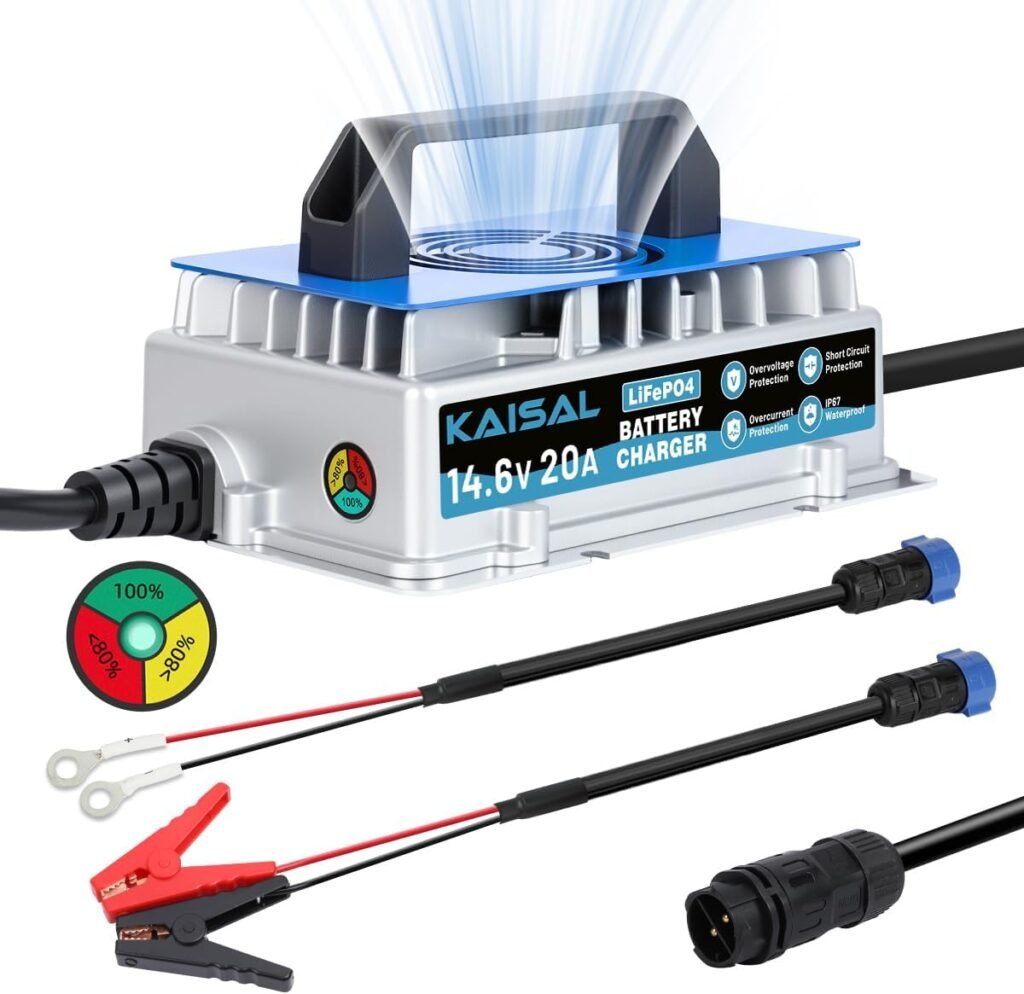 12V 20A Lithium Battery Charger 14.6V LiFePO4 Battery Charger IP67 Waterproof  0V Wake Up 12 Volt Lithium Charger with 8 Protection for 12.8V LiFePO4 Battery of RV, Marine, Solar, Trolling Motor,Home