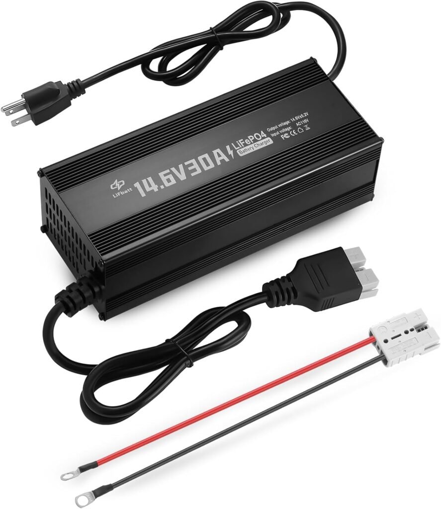 12V 30A LiFePO4 Battery Charger 14.6V Lithium Battery Smart Charger with Anderson Connector and Anderson to M8 Adapter Cable,for Lithium LiFePO4 Deep Cycle Rechargeable Batteries of Car Truck Boat RV