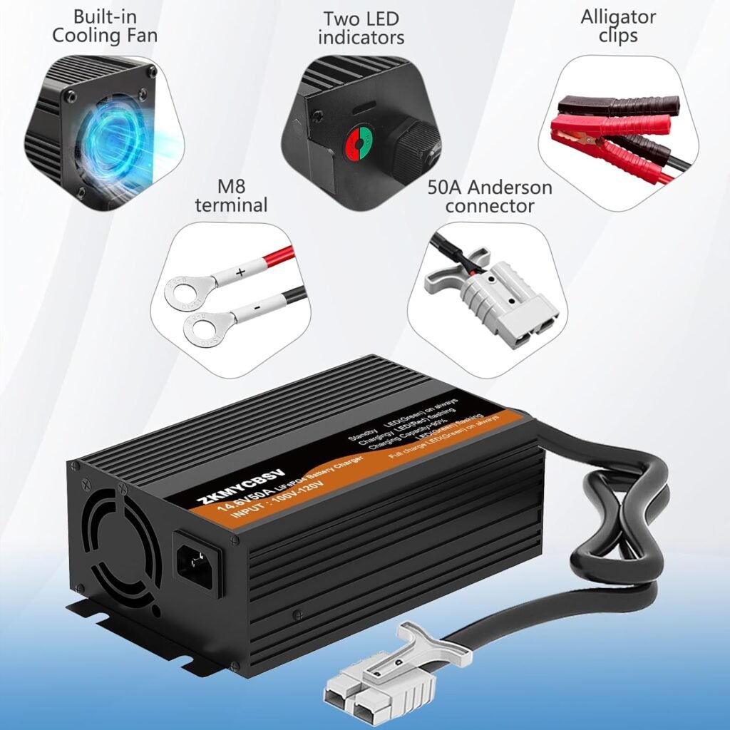 12V 50A Lithium Battery Charger, 14.6V 50A LifePO4 Battery Charger for 12.8V LiFePO4 Lithium Deep Cycle Rechargeable Battery, Multi Protections, Support Fast Charging, 12 Volt Charger for RV Boat Car