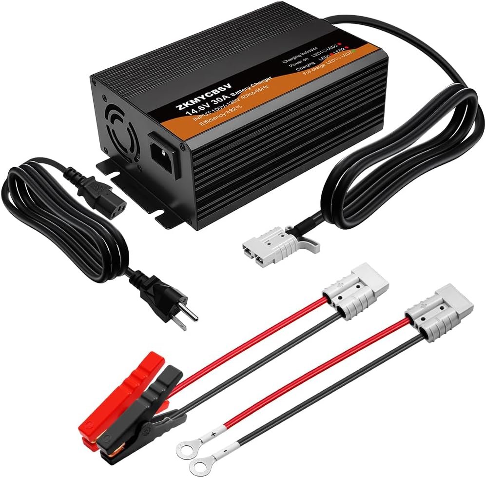 14.6V 30A Lithium Battery Charger, 14.6V LiFePO4 Battery Charger, Bulit-in Cooling Fan, Support Fast Charging, Suitable for 12 Volt Automotive Trailer RV SUV Motorbike Boats and More 14.6V 30A Lithium Battery Charger, 14.6V LiFePO4 Battery Charger, Bulit-in Cooling Fan, Support Fast Charging, Suitable for 12 Volt Automotive Trailer RV SUV Motorbike Boats and More