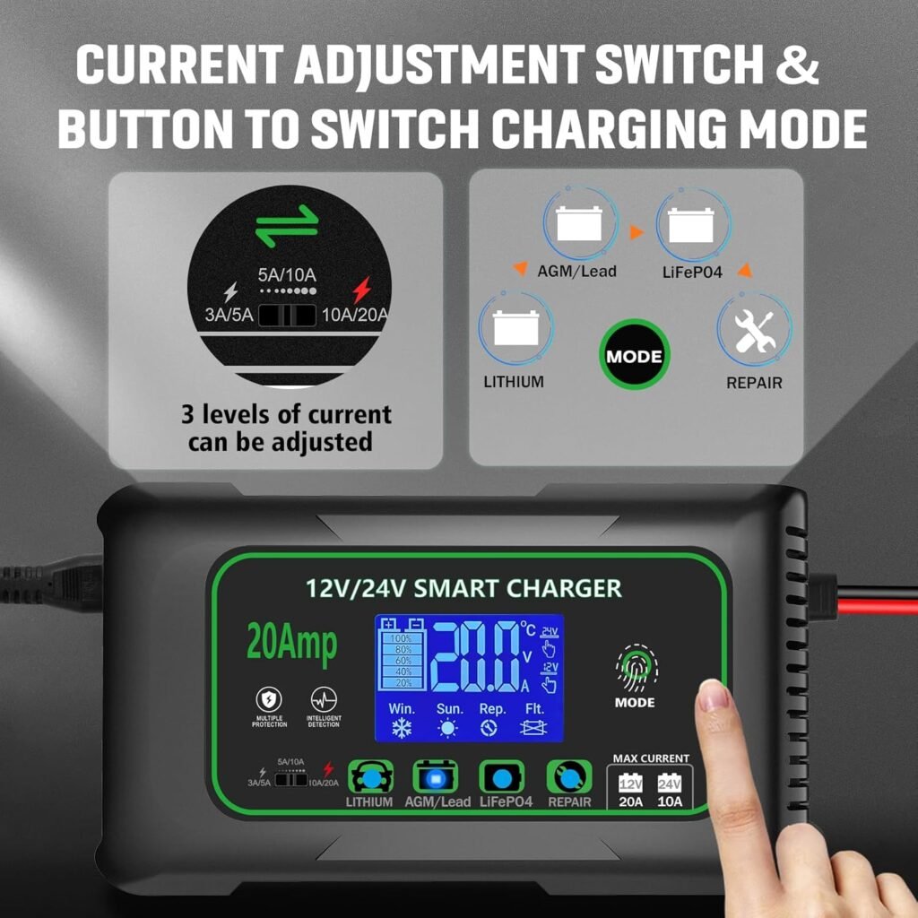 20 Amp Smart Battery Charger, 12V/20A and 24V/10A Car Battery Charger, Trickle  Maintainer Pulse Repair for Lithium, Lifepo4, Lead-Acid (AGM/Gel/SLA), Boat, Motorcycle, Golf Cart, Tractors