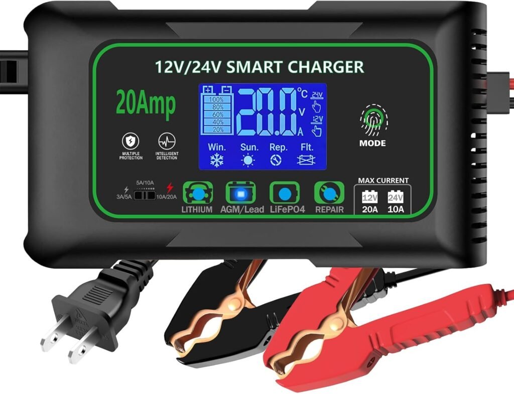 20 Amp Smart Battery Charger, 12V/20A and 24V/10A Car Battery Charger, Trickle  Maintainer Pulse Repair for Lithium, Lifepo4, Lead-Acid (AGM/Gel/SLA), Boat, Motorcycle, Golf Cart, Tractors
