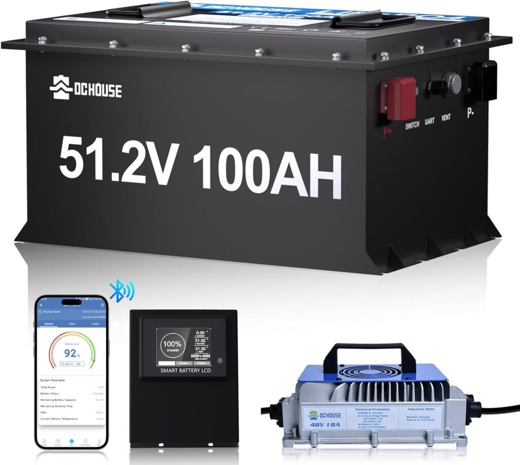 DC HOUSE 48V 100Ah Lithium Golf Cart Battery, Sturdy Metal Case Lifepo4 Battery with 48V 18A Charger, Bluetooth Mobile APP Touch LCD Monitor, Built-in Smart 200A BMS, Peak Current 1000A Max DC HOUSE 48V 100Ah Lithium Golf Cart Battery, Sturdy Metal Case Lifepo4 Battery with 48V 18A Charger, Bluetooth Mobile APP Touch LCD Monitor, Built-in Smart 200A BMS, Peak Current 1000A Max
