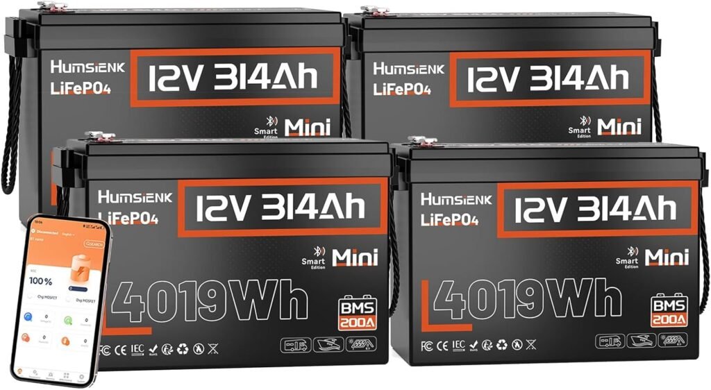 HumsiENK 12V 314Ah (300Ah) LiFePO4 Lithium Battery Bluetooth MINI, 4PACK, Built-in 200A BMS, Max. 4190Wh Energy, EV A+ Cells 15000 Deep Cycles Batterys for RV, Marine, Solar HumsiENK 12V 314Ah (300Ah) LiFePO4 Lithium Battery Bluetooth MINI, 4PACK, Built-in 200A BMS, Max. 4190Wh Energy, EV A+ Cells 15000 Deep Cycles Batterys for RV, Marine, Solar