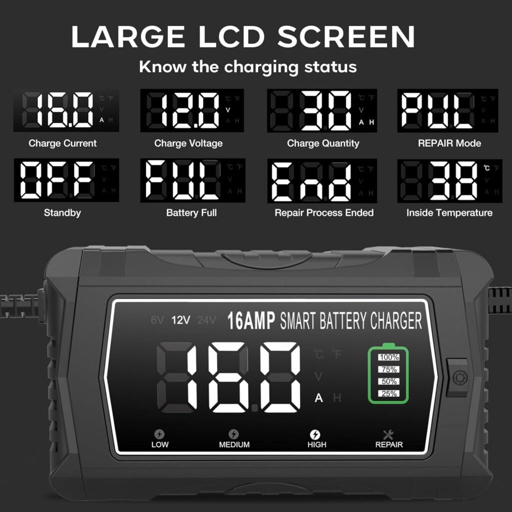 lifepo4 Charger 16-Amp Fully-Automatic Maintain,6V/12V/24V Lead-Acid(AGM/Gel/SLA)/Lithium lron LiFePO4 Trickle Charger,Pulse Repair Car Battery Charger,Deep Cycle