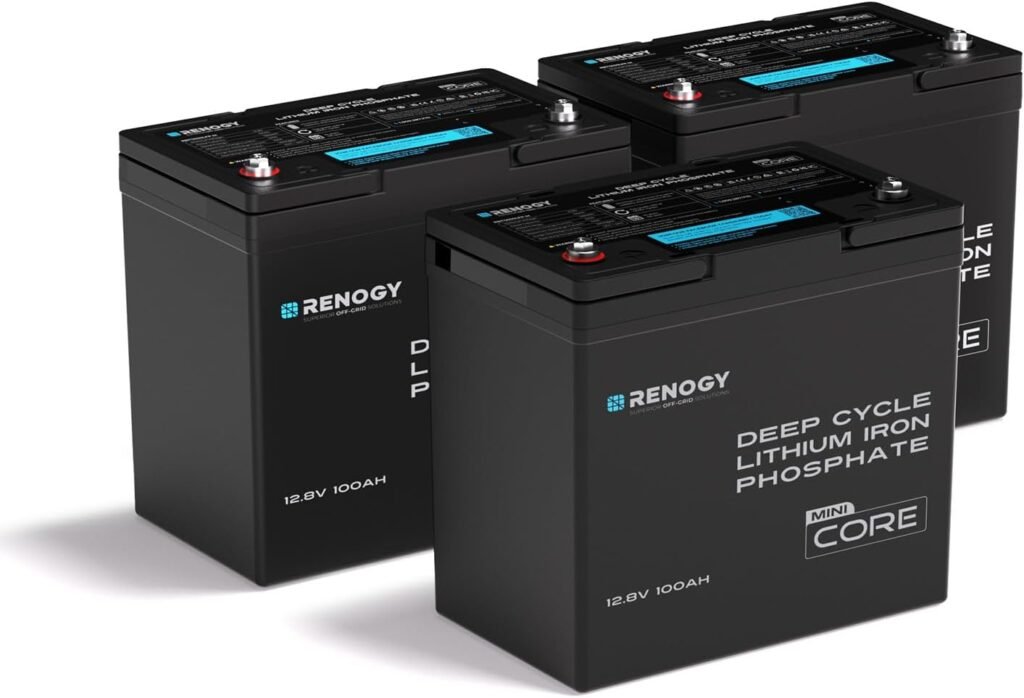 Lithium Battery Mini 4PCS 12V 100AH LiFePO4 Battery, 100A BMS, Size 9.02 x 5.43 x 8.39, 21.8 LBS, Deep Cycle Batteries/Monitor-Compatible, Great for Trolling Motor, RV, Off-Grid, Black