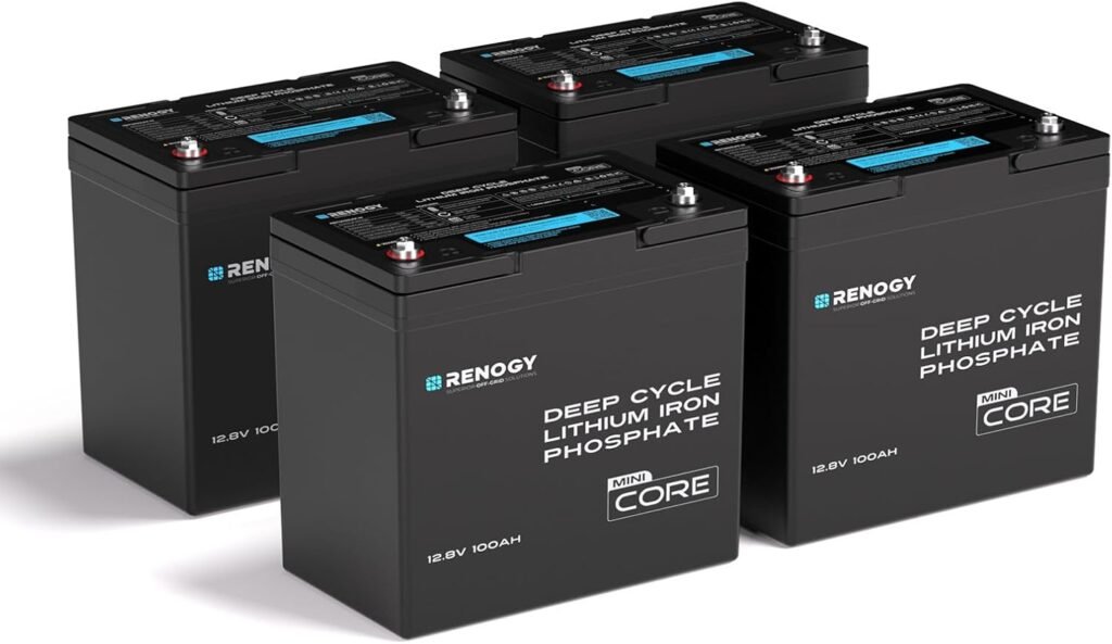 Lithium Battery Mini 4PCS 12V 100AH LiFePO4 Battery, 100A BMS, Size 9.02 x 5.43 x 8.39, 21.8 LBS, Deep Cycle Batteries/Monitor-Compatible, Great for Trolling Motor, RV, Off-Grid, Black