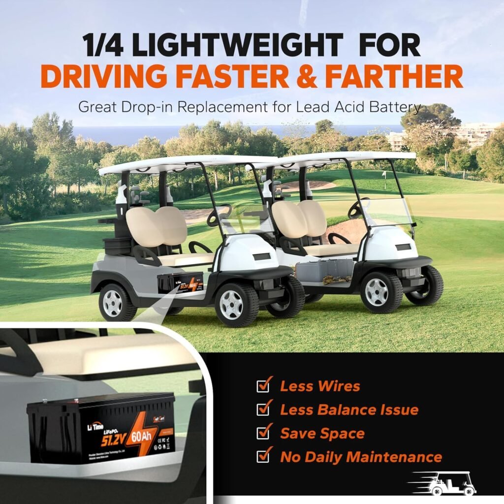 LiTime 48V 60Ah Lithium Golf Cart Battery with Charger, LiFePO4 Battery 48V Kit, Built-in 120A BMS, 2C Discharge Support up to 4kW Motor, Max 6.14kW Power Output, Perfect for Golf Carts LiTime 48V 60Ah Lithium Golf Cart Battery with Charger, LiFePO4 Battery 48V Kit, Built-in 120A BMS, 2C Discharge Support up to 4kW Motor, Max 6.14kW Power Output, Perfect for Golf Carts
