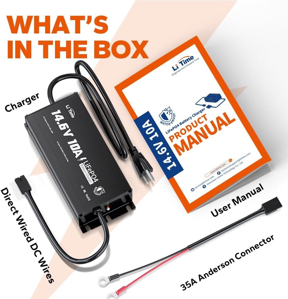 LiTime IP65 Waterproof 14.6V 10A LiFePO4 Onboard Charger, Fast Charging, 4 Safety Protections, Better Charging Performance, Extend Lithium Batteries Life, with LED Indicator, Outdoor  Marine Use