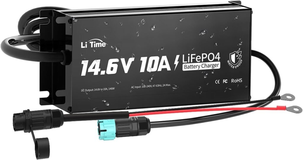LiTime IP65 Waterproof 14.6V 10A LiFePO4 Onboard Charger, Fast Charging, 4 Safety Protections, Better Charging Performance, Extend Lithium Batteries Life, with LED Indicator, Outdoor  Marine Use