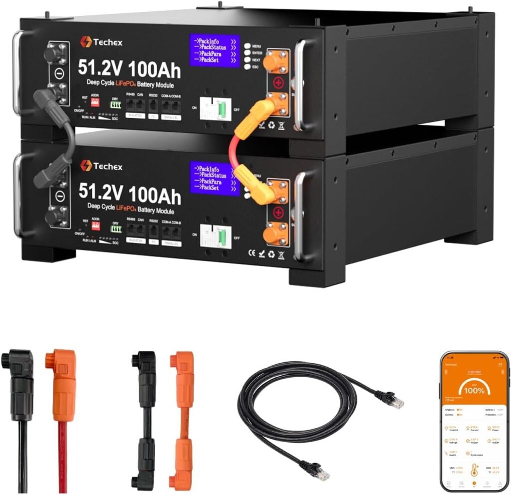 Techex 48V 200Ah LiFePO4 Lithium Battery, 2 Pack 48V 100Ah, Inverter Communication, 3U Rack-Mount, Smart Display  Bluetooth, 6000+ Cycles, 10.24kWh Capacity for Off-Grid, Solar System, Backup