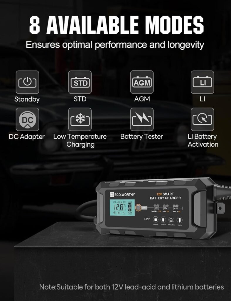 ECO-WORTHY 10A LiFePO4 Battery Charger 12V, Smart Lithium Battery Charger  Maintainer, Trickle Charger and Desulfator for Lead Acid, RV, Car, Motorcycle, Marine, Boat