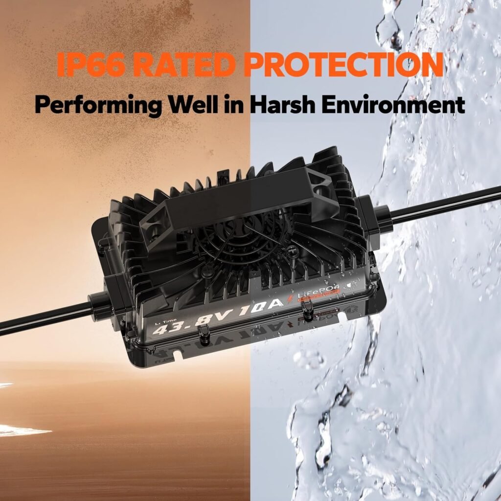 LiTime 36V (43.8V) 10A Lithium Battery Charger, IP66 Waterproof AC-DC LiFePO4 Battery Charger Support 0V Wake Up, Overcharge  High-Temp Protection Trickle Charger for Golf Cart, RV, Boat