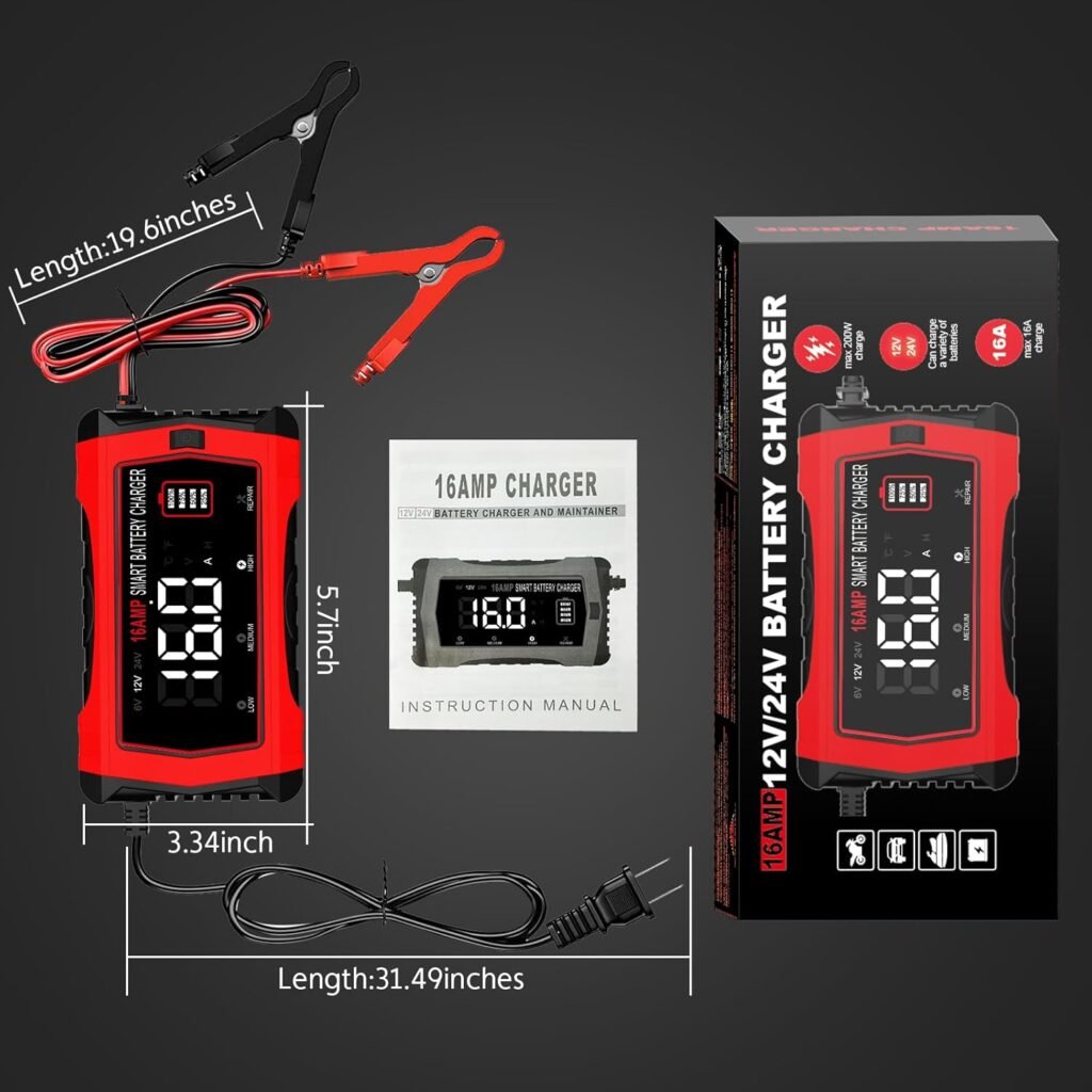 Haisito 16-Amp Smart Battery Charger (6V/12V/24V), Fully Automatic Trickle Charger Maintainer  Desulfator for Car Boat RV - Supports Lithium LiFePO4, AGM, Gel, Deep Cycle Lead-Acid Batteries