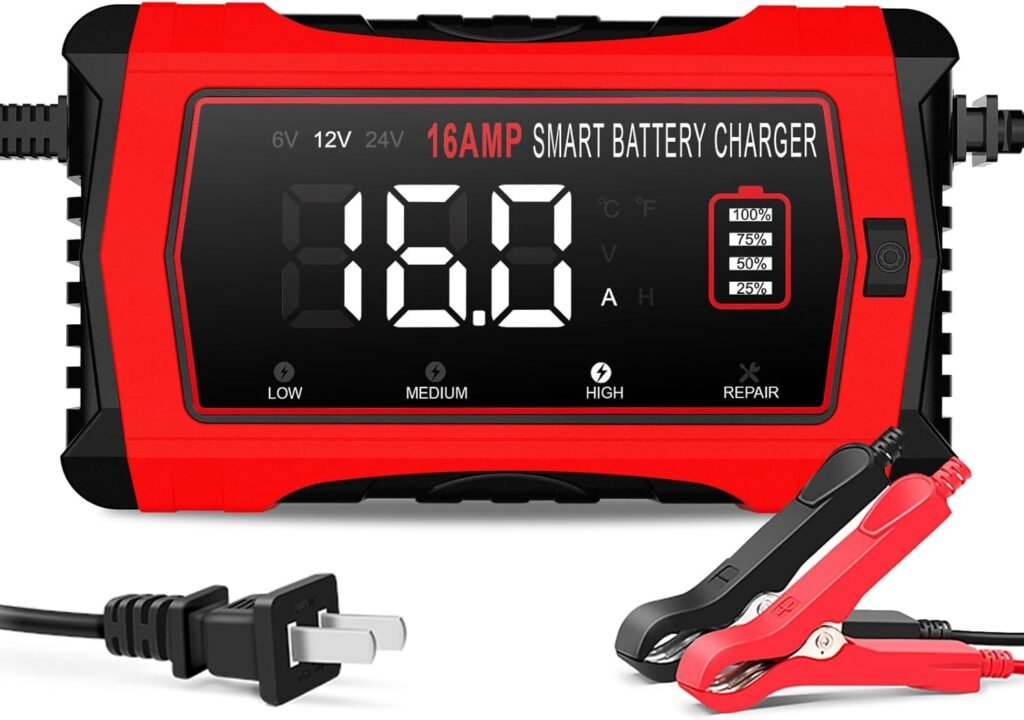 Haisito 16-Amp Smart Battery Charger (6V/12V/24V), Fully Automatic Trickle Charger Maintainer  Desulfator for Car Boat RV - Supports Lithium LiFePO4, AGM, Gel, Deep Cycle Lead-Acid Batteries