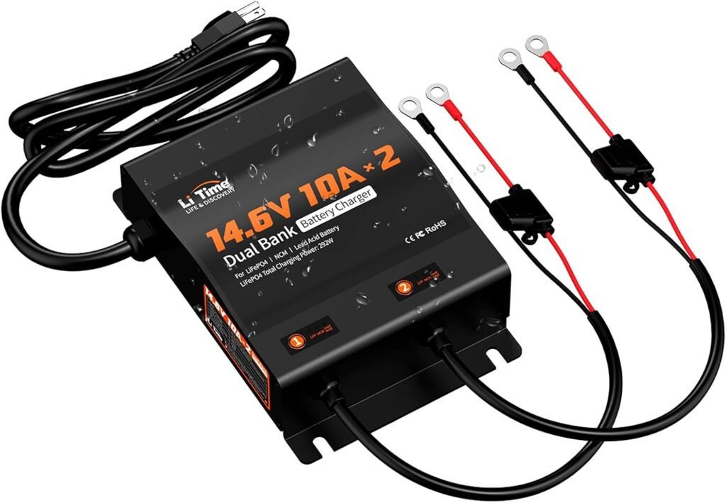 LiTime 2-Bank 10A (10A/Bank) Dual Smart Battery Charger, 14.6V LiFePO4 Battery Charger AC-DC Charger with Fuse, LED Indicator for RV, Boat, Motorcycle, Lawn Mower, Trolling motor and Lead Acid Battery LiTime 2-Bank 10A (10A/Bank) Dual Smart Battery Charger, 14.6V LiFePO4 Battery Charger AC-DC Charger with Fuse, LED Indicator for RV, Boat, Motorcycle, Lawn Mower, Trolling motor and Lead Acid Battery