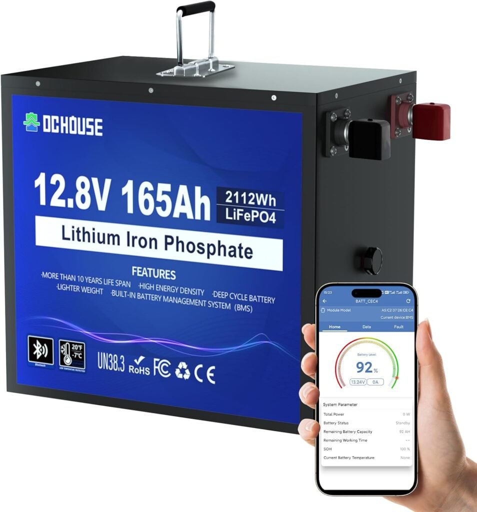 DC HOUSE 12V 165Ah LiFePO4 Lithium Battery, Bluetooth Low Temp Protection, Safer Metal Case, 12V Lithium Battery up to Cycles, 120A BMS, Perfect for Trolling Motors, Marine, Boat, Solar,RV