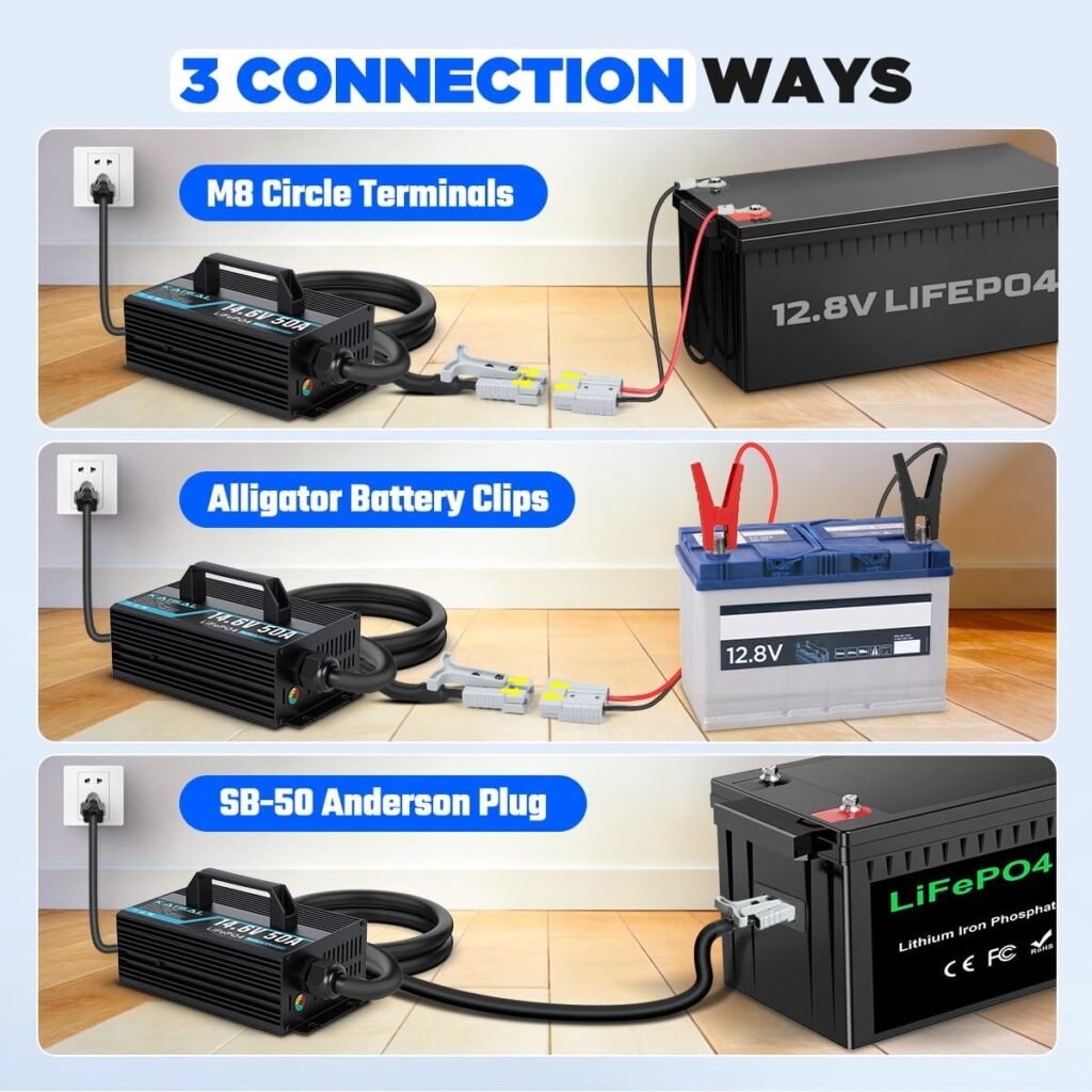 12V 50A Lithium Battery Charger 14.6V 50A Fast LiFePO4 Charger 0V Wake Up Volt Lithium Charger with Protection Connectors for 12.8V LiFePO4 Battery of RV, Marine, Boat, Solar, Trolling Motor 12V 50A Lithium Battery Charger 14.6V 50A Fast LiFePO4 Charger 0V Wake Up Volt Lithium Charger with Protection Connectors for 12.8V LiFePO4 Battery of RV, Marine, Boat, Solar, Trolling Motor