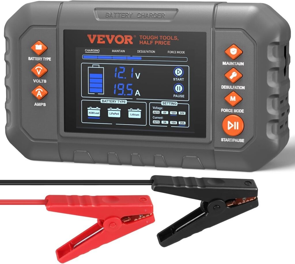 VEVOR Smart Battery Charger, 20-Amp, Lithium LiFePO4 Lead-Acid (AGM/Gel/SLA) Car Battery Charger with LCD Display, Trickle Charger Maintainer Desulfator for Boat Motorcycle Lawn Mower Deep Cycle VEVOR Smart Battery Charger, 20-Amp, Lithium LiFePO4 Lead-Acid (AGM/Gel/SLA) Car Battery Charger with LCD Display, Trickle Charger Maintainer Desulfator for Boat Motorcycle Lawn Mower Deep Cycle