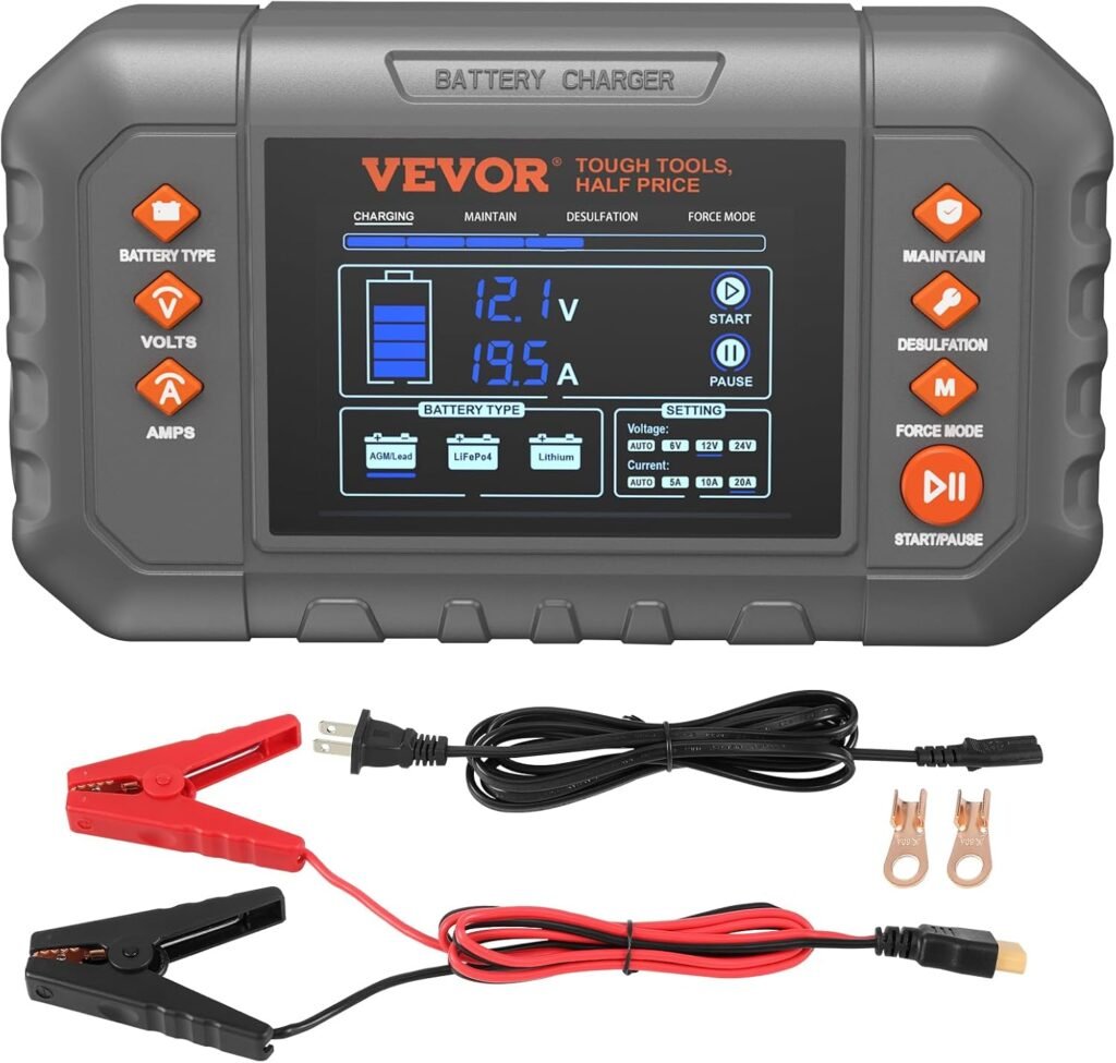 VEVOR Smart Battery Charger, 20-Amp, Lithium LiFePO4 Lead-Acid (AGM/Gel/SLA) Car Battery Charger with LCD Display, Trickle Charger Maintainer Desulfator for Boat Motorcycle Lawn Mower Deep Cycle VEVOR Smart Battery Charger, 20-Amp, Lithium LiFePO4 Lead-Acid (AGM/Gel/SLA) Car Battery Charger with LCD Display, Trickle Charger Maintainer Desulfator for Boat Motorcycle Lawn Mower Deep Cycle