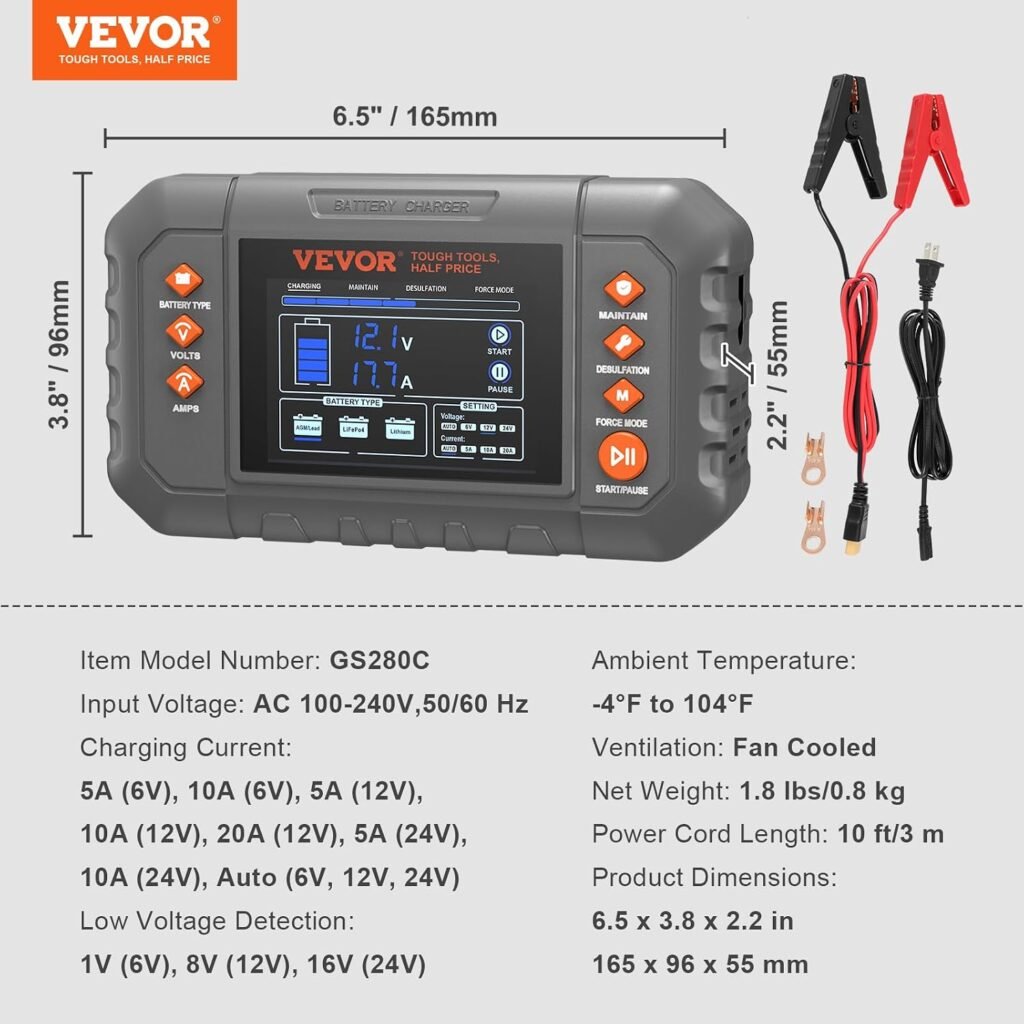 VEVOR Smart Battery Charger, 20-Amp, Lithium LiFePO4 Lead-Acid (AGM/Gel/SLA) Car Battery Charger with LCD Display, Trickle Charger Maintainer Desulfator for Boat Motorcycle Lawn Mower Deep Cycle VEVOR Smart Battery Charger, 20-Amp, Lithium LiFePO4 Lead-Acid (AGM/Gel/SLA) Car Battery Charger with LCD Display, Trickle Charger Maintainer Desulfator for Boat Motorcycle Lawn Mower Deep Cycle