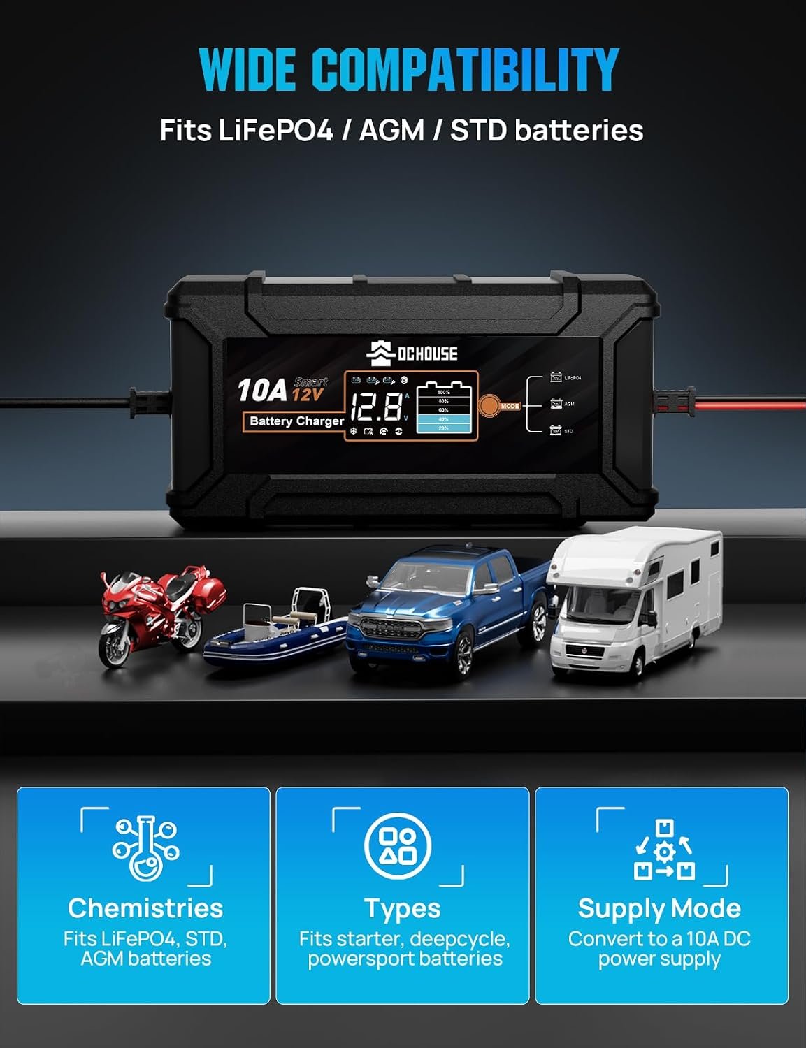 DC House 12V 10A Battery Charger for Lead-Acid, LiFePO4 Battery
