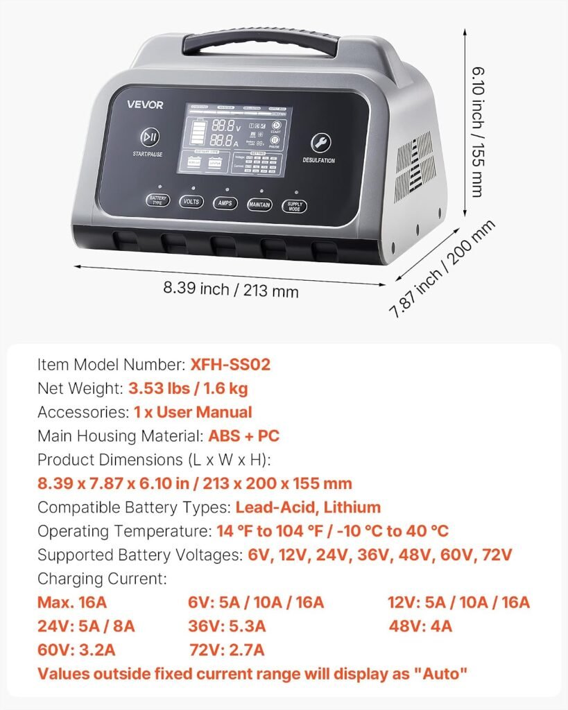 VEVOR Smart Battery Charger, 16A, 6V 12V 24V 36V 48V 60V 72V Lithium LiFePO4 Lead-Acid (Gel/AGM) Car Battery Charger, with LCD Display, Trickle Charging Maintainer Desulfator, for Car Boat Motorcycle VEVOR Smart Battery Charger, 16A, 6V 12V 24V 36V 48V 60V 72V Lithium LiFePO4 Lead-Acid (Gel/AGM) Car Battery Charger, with LCD Display, Trickle Charging Maintainer Desulfator, for Car Boat Motorcycle